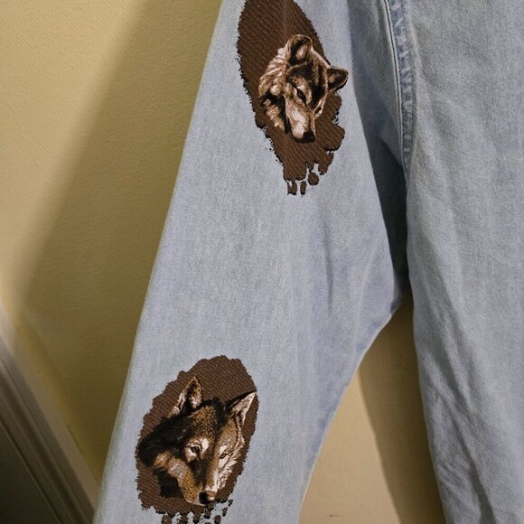 Vintage Unique Native American Wolf Design Button Down Chambray Shirt Gender Neu - Picture 4 of 7